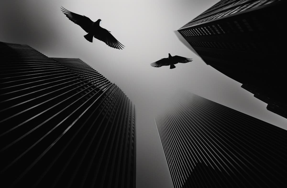 Black and white skyscraper scene with birds in flight